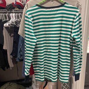J. Crew Green and White Striped Shirt with Navy Trim